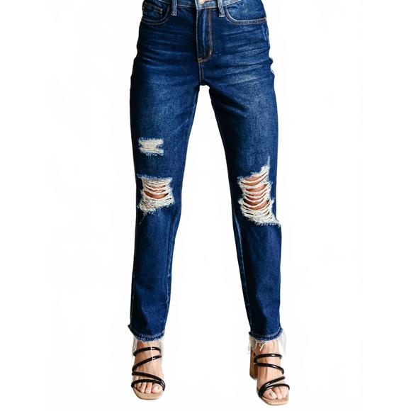 Judy Blue Mid Rise Rigid Magic Destroy Straight Denim Jeans 881060 - Petite